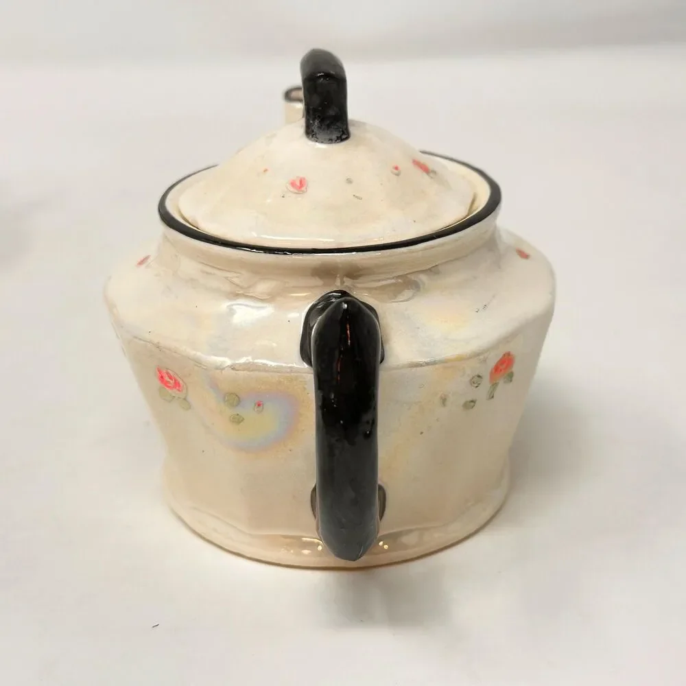 Vintage Victoria Czechoslovakia Lusterware Sugar Bowl and Creamer Black Trim